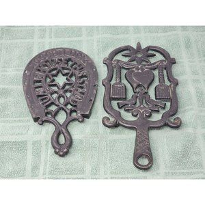 Vintage Trivets Lot Of 2 PA Dutch&Good Luck Cast Iron Footed Country Farm‎ House